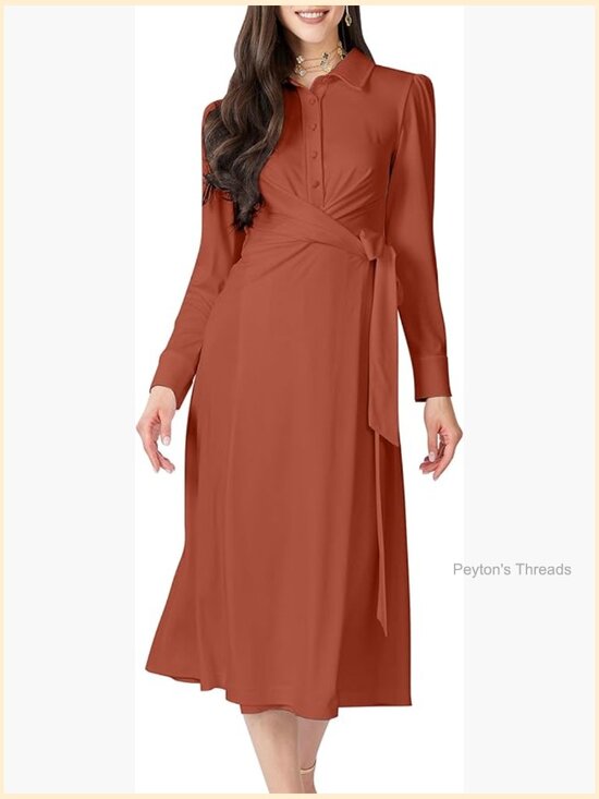 Dresses & Skirts - Long Sleeve Flowy Wrap Collar Midi Dress - Modest Office